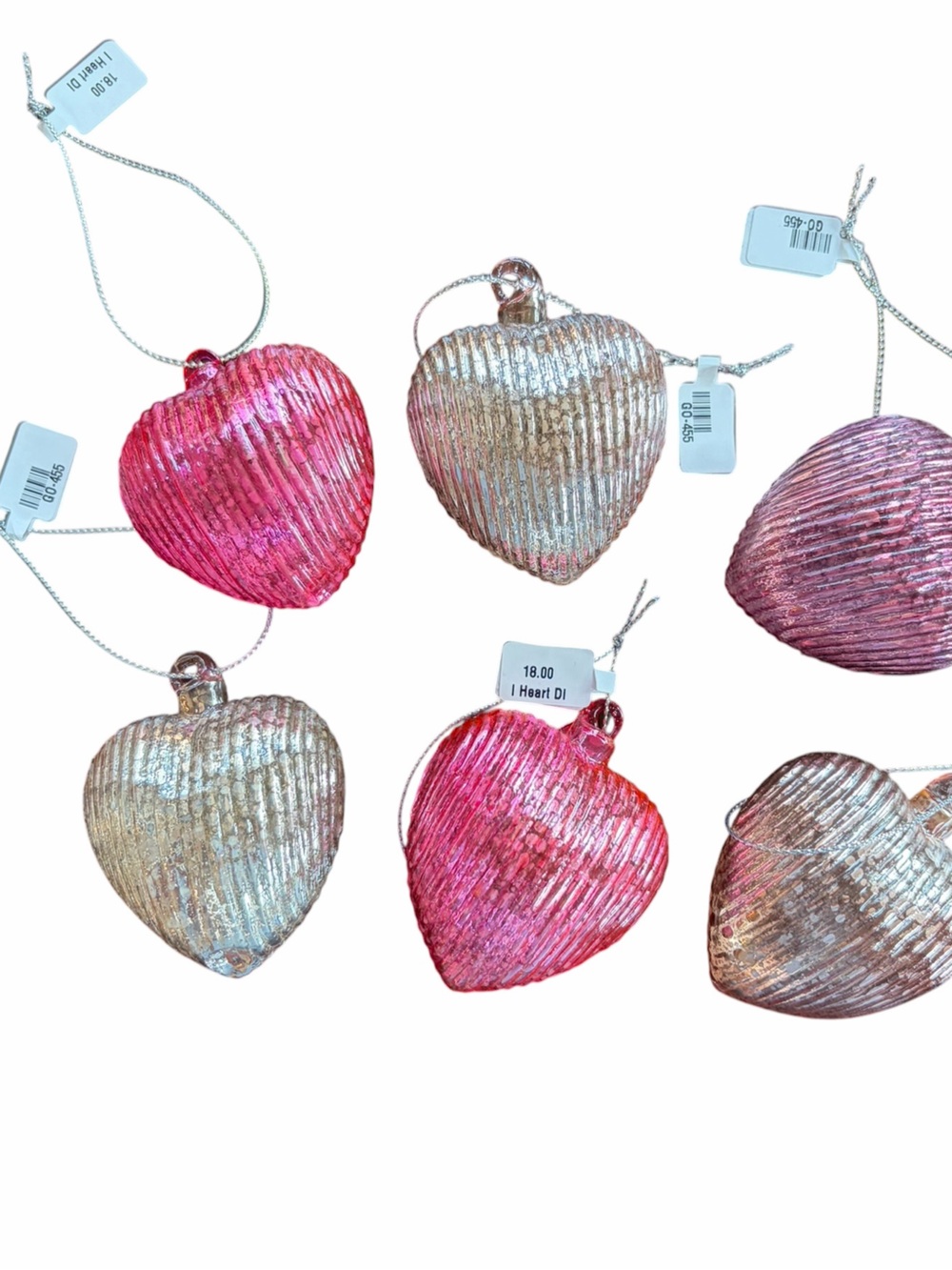 Glass Heart Striped Ornament Set - Pink & Gold - Home Accents